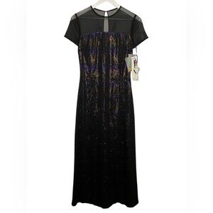 VTG Metallic Black Rainbow Tinsel Maxi Dress 4 Sheer Whimsigoth Vampire Y2K NEW